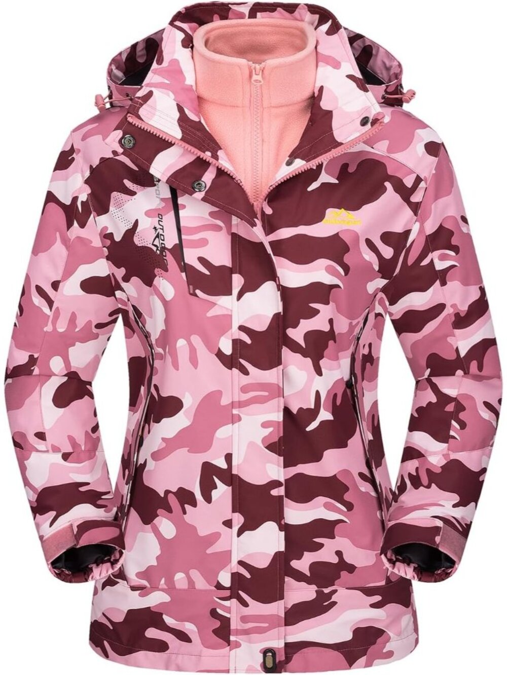 Women's Pink Camo Notch Collar Adjustable Hood Zipper Pocket Snow Ski Jacket